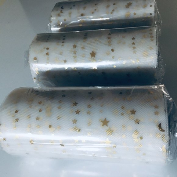 3 Rolls White Mesh Tulle Wide Ribbon with Gold Moons & Stars - Picture 3 of 12